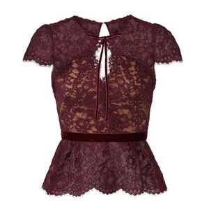 $385 Marchesa Notte Burgundy Peplum Lace Top Sz 8